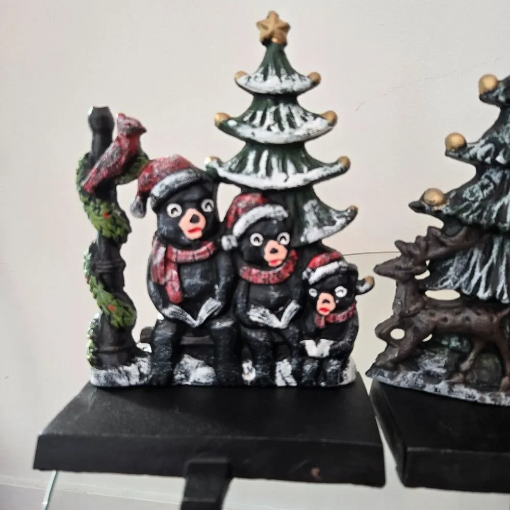 Set 3 Lulu Decor Black Cast Iron Christmas Stocking Holders 2019 Bear Trees Deer